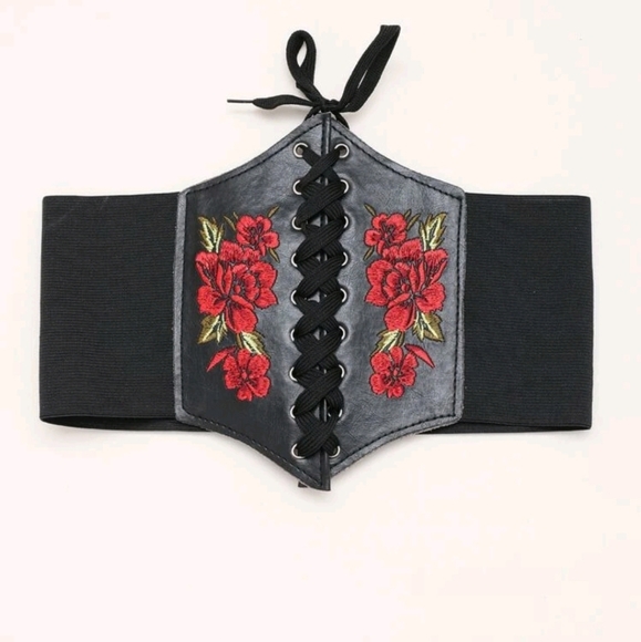 Black corset floral rose embroidered boho faux leather waist western dress belt - Picture 8 of 14